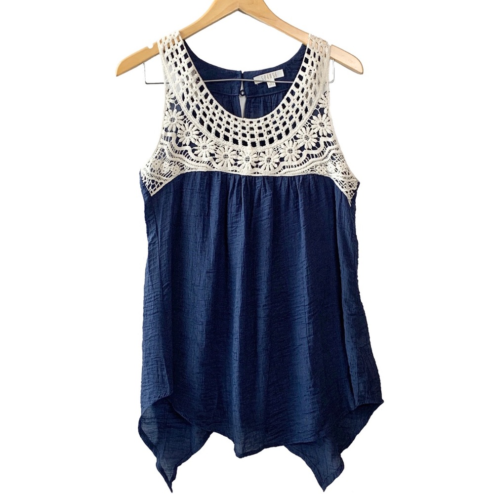Spense Navy Blue Sleeveless Blouse with White Lace